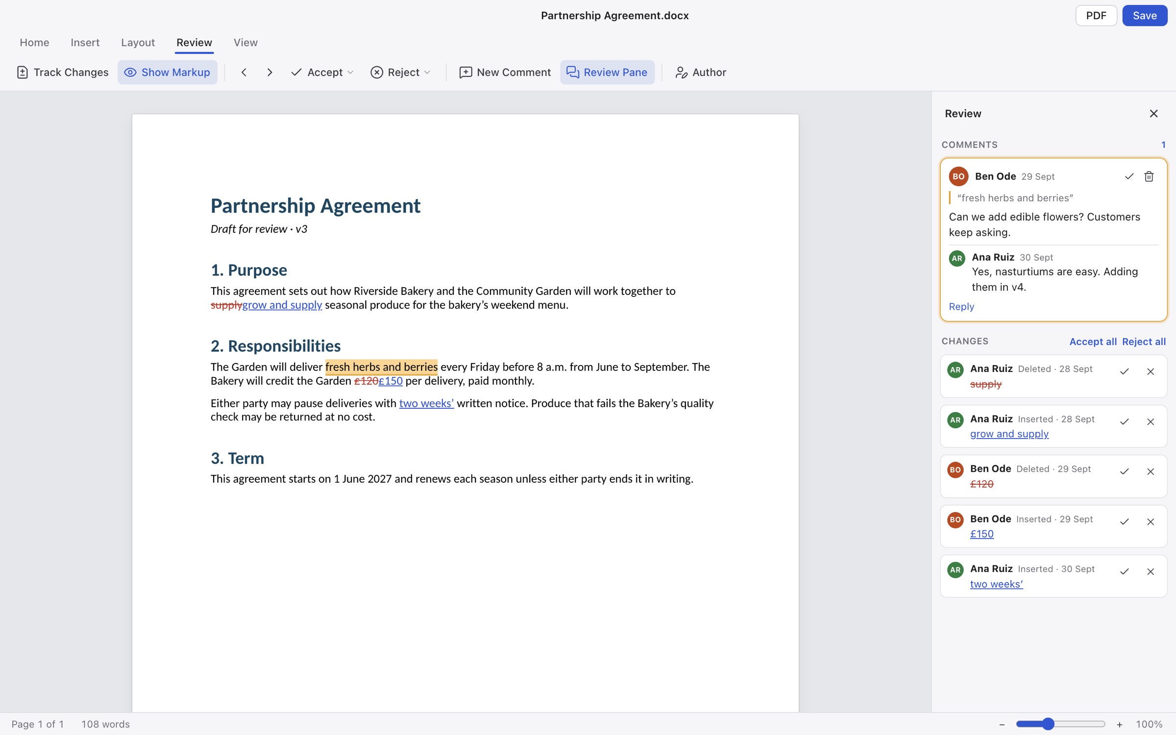 Tracked insertions and deletions in an agreement, with a comment thread in Quillpage’s review pane